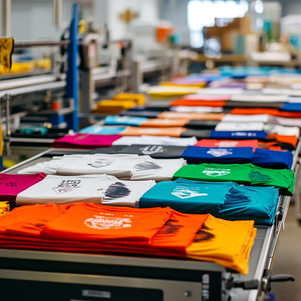 A close-up view of various colorful t-shirts, stacked and ready for printing on a conveyor belt system in a busy apparel printing facility