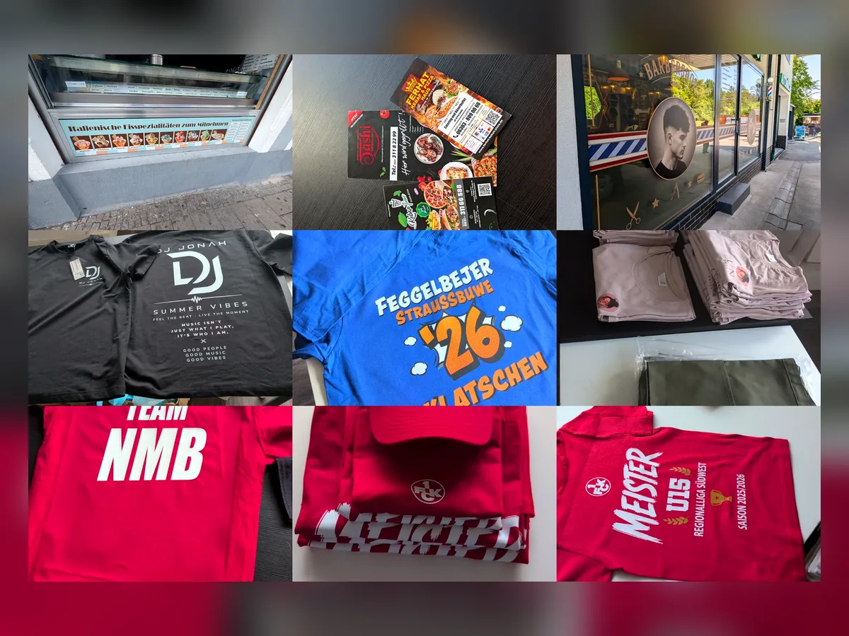Auswahl echter Projekte von Pfalz Werbedesign – Textilien, Schaufensterbeschriftung und Printprodukte